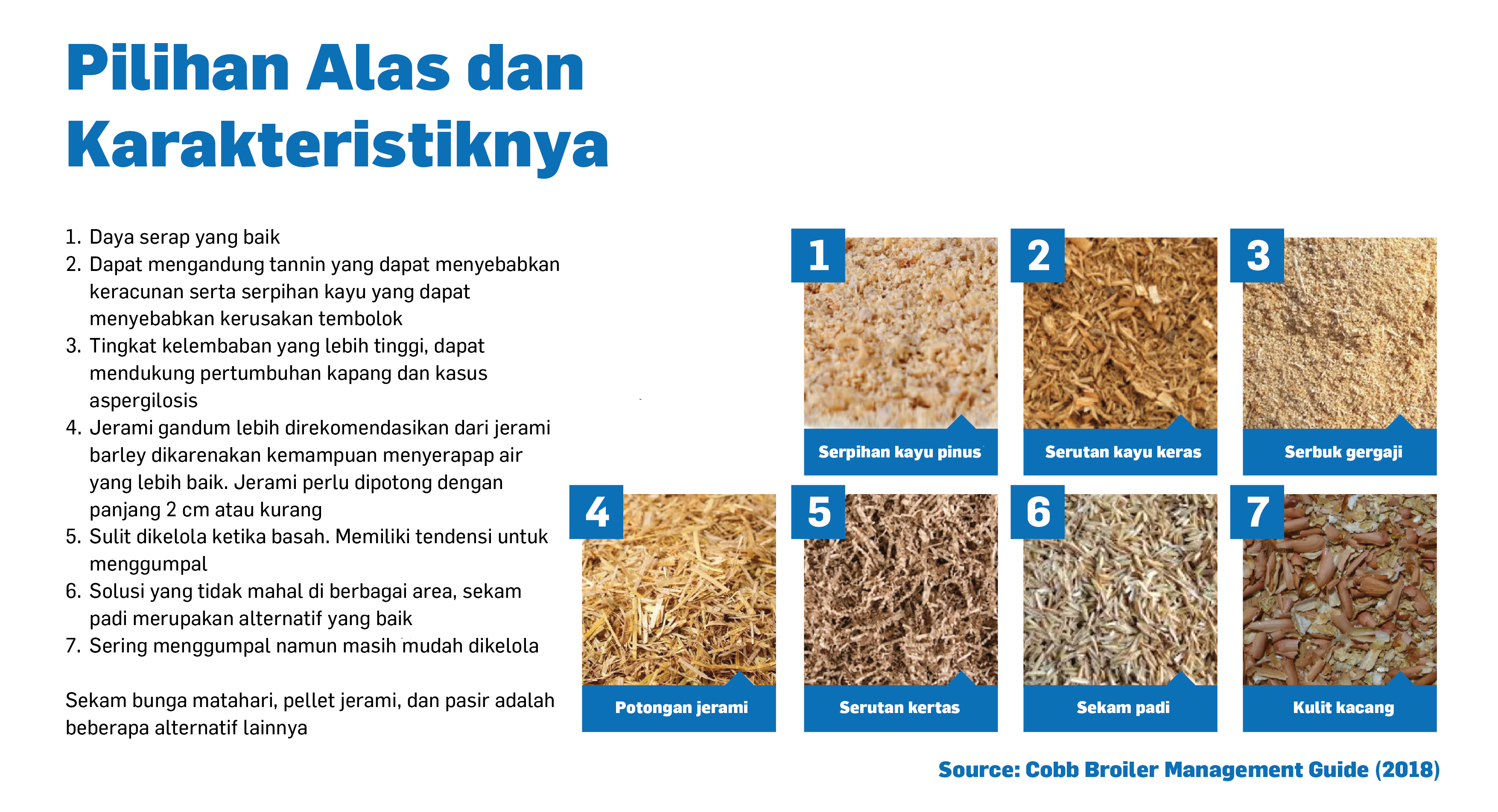 Pilihan litter (alas kandang) dan karakteristiknya untuk pemeliharaan ayam DOC sebagai pendukung performa pertumbuhan