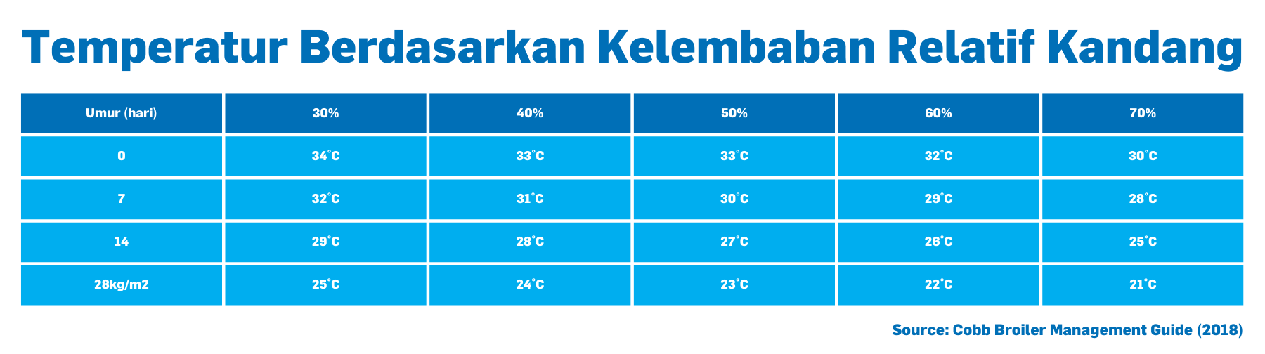 Standar suhu terkait kelembaban relatif untuk ayam broiler DOC